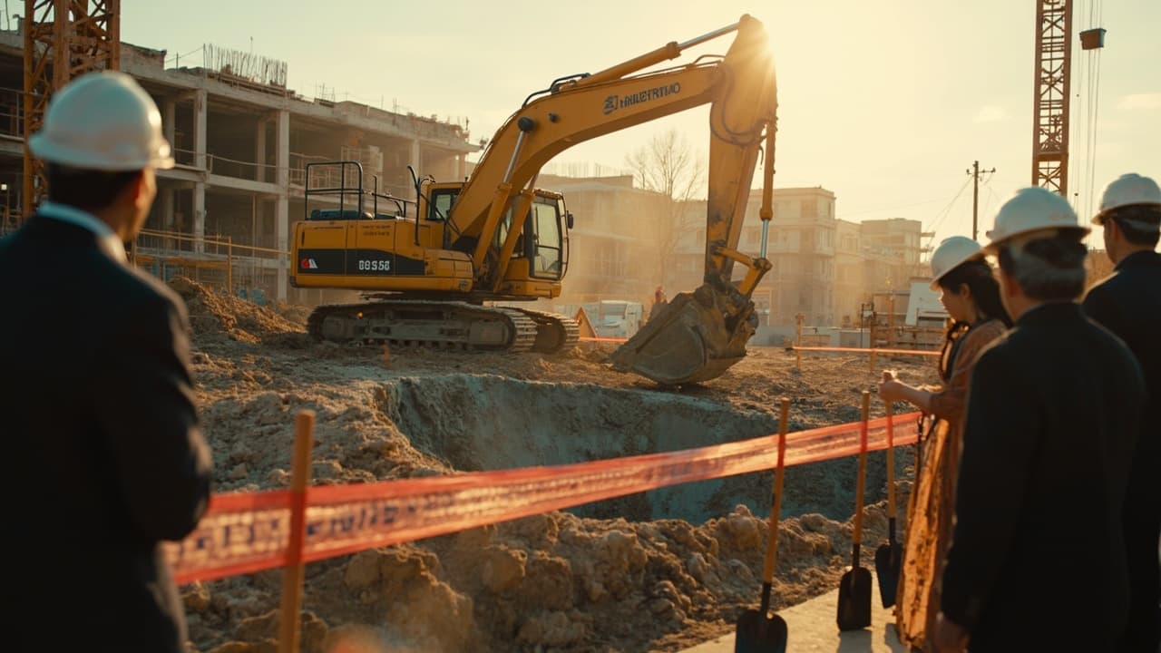 Temel atma töreni, inşaat alanında ekskavatör ve kurdeleli kürekler